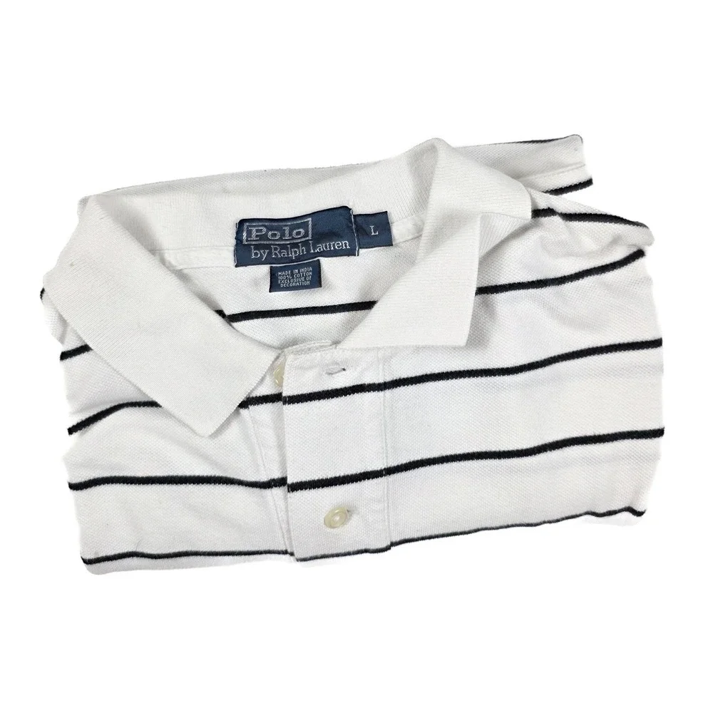 Polo Ralph Lauren White Black Pin Striped 1/4 Button S/Sleeve Polo Men's Size L